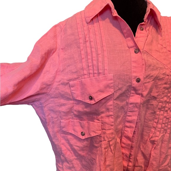 Soft Surroundings Pink Linen Boho Casual Button Up Roll Tab Sleeve Utility Top - Picture 2 of 7